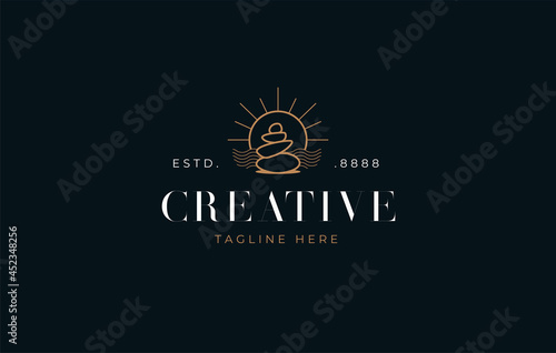 Balancing Rock Logo Design Template. Balanced stone design in the sun. Creative Vector Icon Design Concept.
