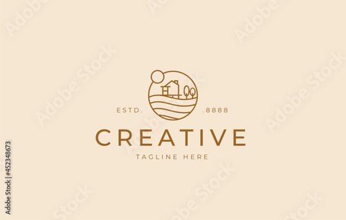 Farm house logo design. Vector illustration of abstract agriculture farm icon design. Modern logo design with line art style.