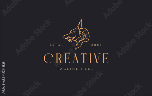 Anubis Logo Design Template. Egyptian dog mythological animal line design. Creative Vector Icon Concept.