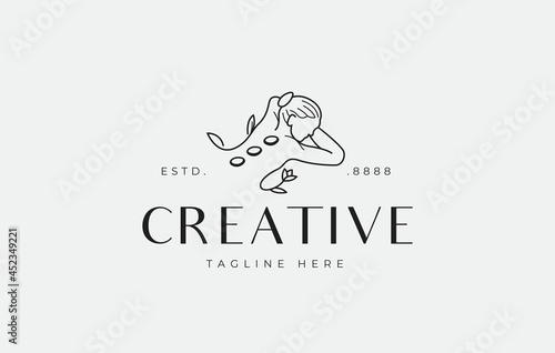 Woman's Stone Therapy Logo Design. Woman sleeping on her back with a therapeutic stone on her back. Creative Line Vector Icon Concept.