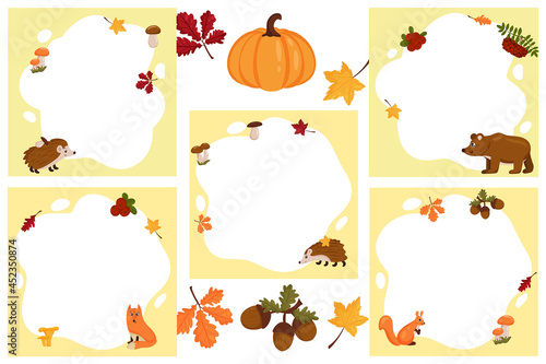 Forest animals. Set of vector frames in the form of a spot with elements of autumn, in a flat cartoon style.