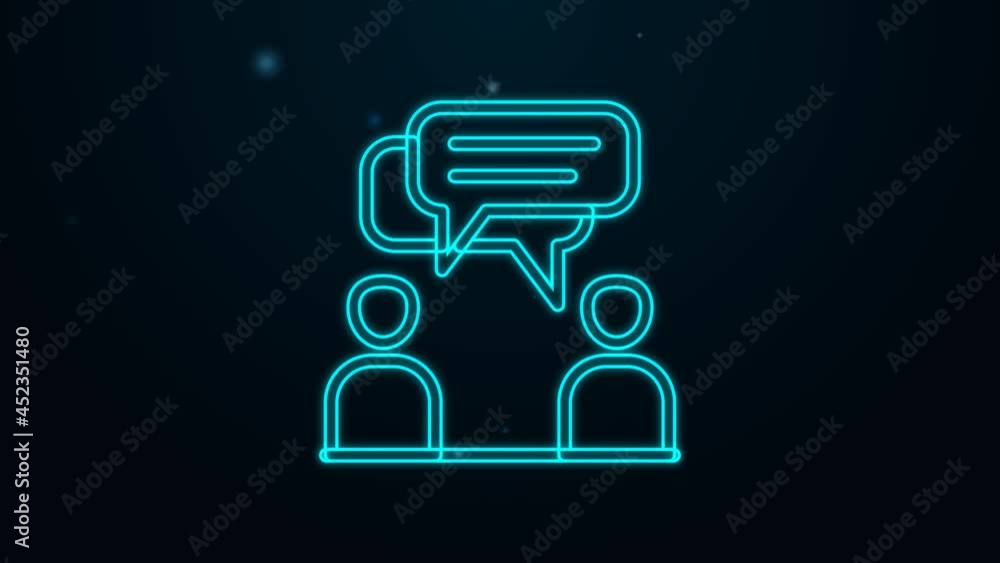 Glowing neon line Two sitting men talking icon isolated on black background. Speech bubble chat. Message icon. Communication or comment chat symbol. 4K Video motion graphic animation Glowing neon line Two sitting men talking icon isolated on black background. Speech bubble chat. Message icon. Communication or comment chat symbol. 4K Video motion graphic animation