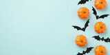 Top view photo of halloween decorations small pumpkins and bats silhouettes on isolated pastel blue background with copyspace