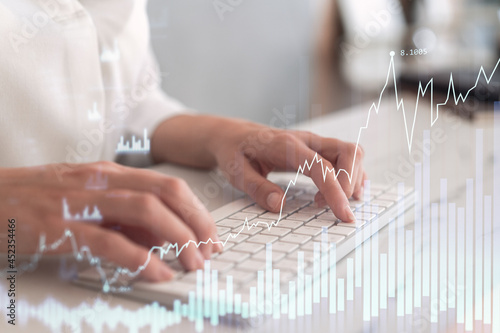 Εκτύπωση καμβά Woman typing the keyboard to research stock market to proceed right investment solutions