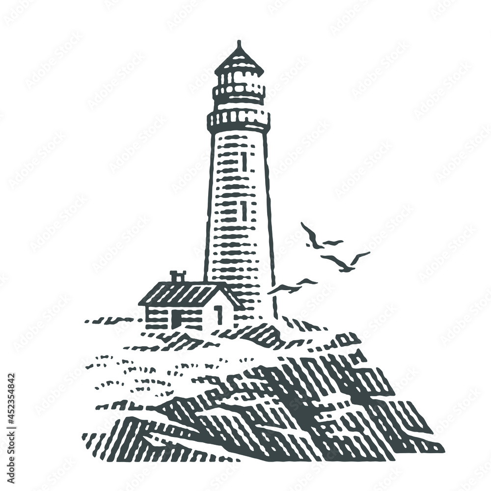 Lighthouse on the rocks. Hand drawn engraving style vector illustration.