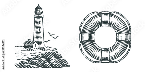 Lighthouse on the rocks and Ring buoy. Hand drawn engraving style vector illustration.