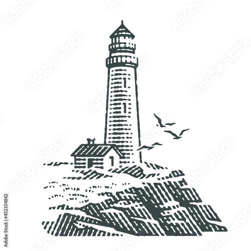 Lighthouse on the rocks. Hand drawn engraving style vector illustration.