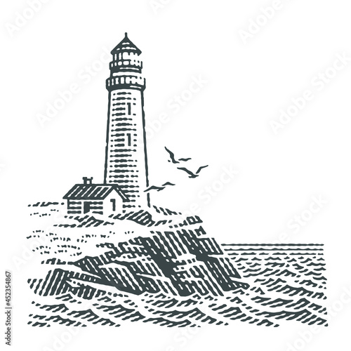 Lighthouse on the rocks. Hand drawn engraving style vector illustration.