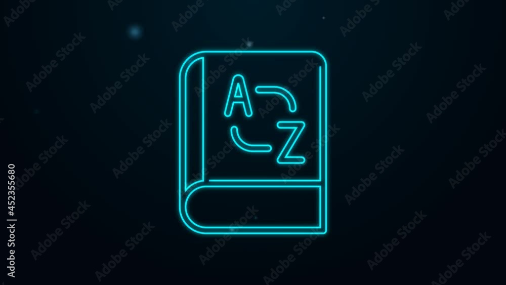 Glowing neon line Translator book icon isolated on black background. Foreign language conversation icons in chat speech bubble. Translating concept. 4K Video motion graphic animation Glowing neon line Translator book icon isolated on black background. Foreign language conversation icons in chat speech bubble. Translating concept. 4K Video motion graphic animation