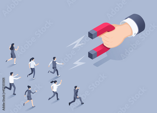 isometric vector illustration on gray background, hand with magnet and people in business clothes run to it, customer acquisition and marketing