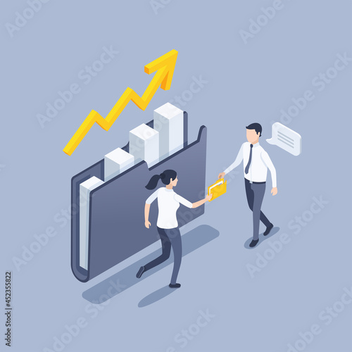 isometric vector illustration on a gray background, a folder with a chart and an upward arrow, a woman brings an urgent folder with documents to a man in business clothes, important data