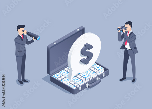 isometric vector illustration on gray background, men in business suits with binoculars and a spyglass are looking at an open suitcase with money, looking for finance or sponsor