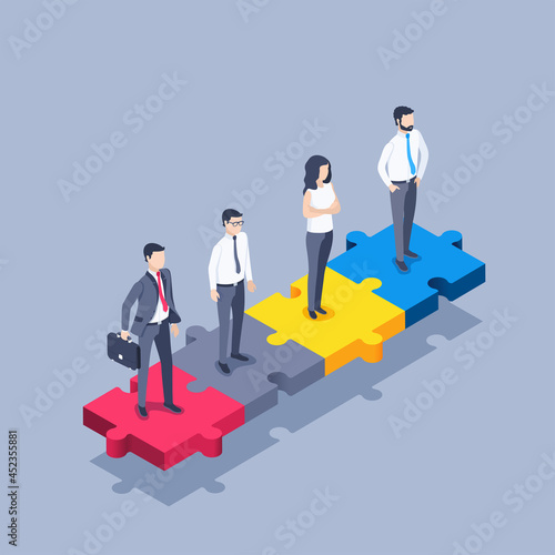 isometric vector illustration on gray background, people in business clothes are standing on multicolored connected puzzles, team of professionals or joint success