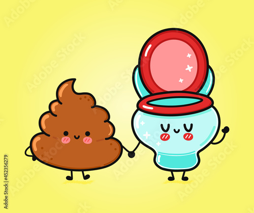 Cute, funny happy turd and  toilet character. Vector hand drawn cartoon kawaii characters, illustration icon. Funny cartoon turd and toilet friends concept