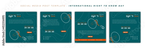 Set of social media post template with green and orange design. International Right to know day with megaphone design.