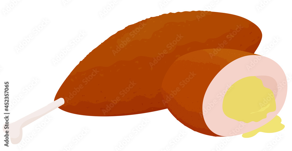 Cartoon breaded chicken kiev cutlets half and whole isolated on white background. Traditional food illustration.