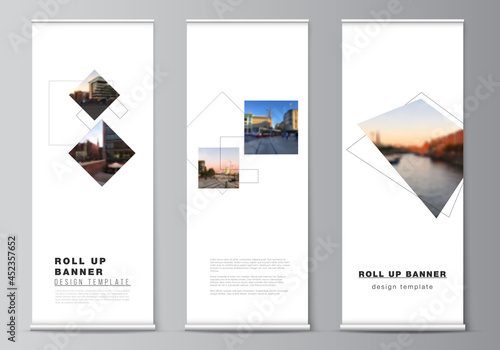 Vector layout of roll up mockup design templates with geometric simple shapes, lines and photo place for vertical flyers, flags design templates, banner stands, advertising design mockups.