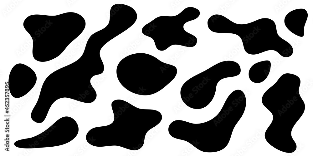 Amorphous  amoeba shapes, asymmetric blobs. Smooth liquid form, black ink splash and stain isolated on white background. Vector illustration, flat design.