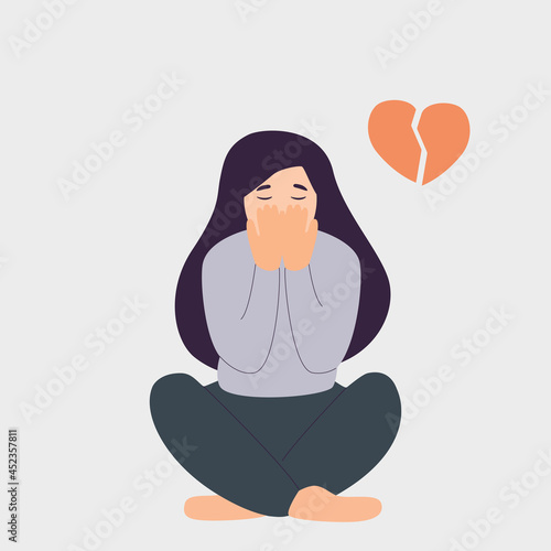 Women is sitting and cover her face with arms. Sad girl with a broken heart. Unhappy unrequited love concept. Vector flat illustration. Girl is suffering
