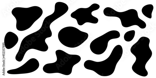 Amorphous  amoeba shapes, asymmetric blobs. Smooth liquid form, black ink splash and stain isolated on white background. Vector illustration, flat design.