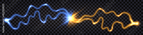 Electric discharge collision, blue vs yellow lightning thunder bolt. Glowing electric shock effect, light flash. Power battle with impulse line swirl wire, isolated effect. Vector illustration