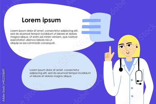 Medical banner. Doctor with speech bubble, medical consultation, internet hospital support, healthcare poster, vector hand drawn cartoon isolated illustration