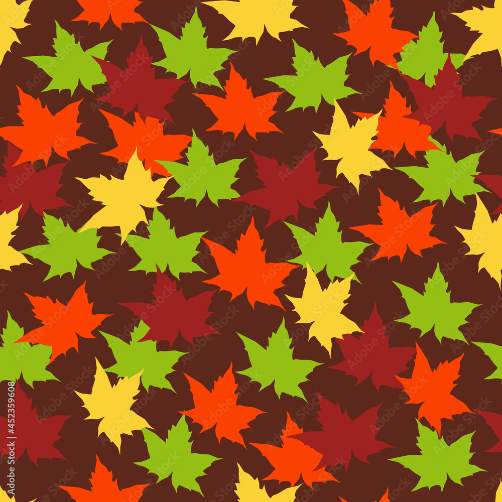 Vector seamless pattern with bright golden, yellow, orange, red and green maple leaves on brown background. Autumn leaf fall. Beauty in nature. October garden print. Vibrant color. Cute backdrop. Wall Vector seamless pattern with bright golden, yellow, orange, red and green maple leaves on brown background. Autumn leaf fall. Beauty in nature. October garden print. Vibrant color. Cute backdrop. Wall