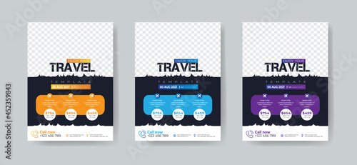 Travel flyer template design with contact and venue details. Summer travel agency promotion template design