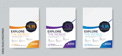 Travel flyer template design with contact and venue details. Summer travel agency promotion template design