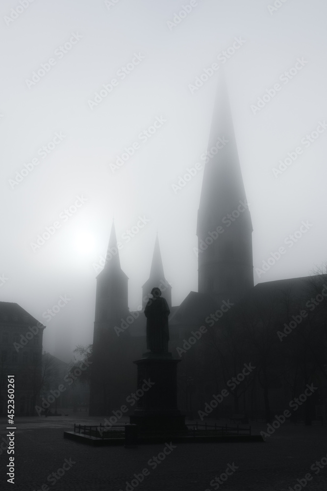Square in Bonn in the mist
