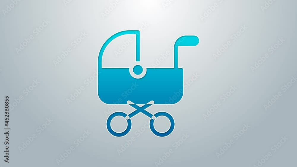 Blue line Baby stroller icon isolated on grey background. Baby carriage, buggy, pram, stroller, wheel. 4K Video motion graphic animation Blue line Baby stroller icon isolated on grey background. Baby carriage, buggy, pram, stroller, wheel. 4K Video motion graphic animation