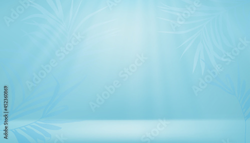 Studio Room with palm leaves on blue wall.Vector 3D illustration empty Gallery room with branches coconut leaves with sunlight,Minimal design use for backdrop shooting for products presentation