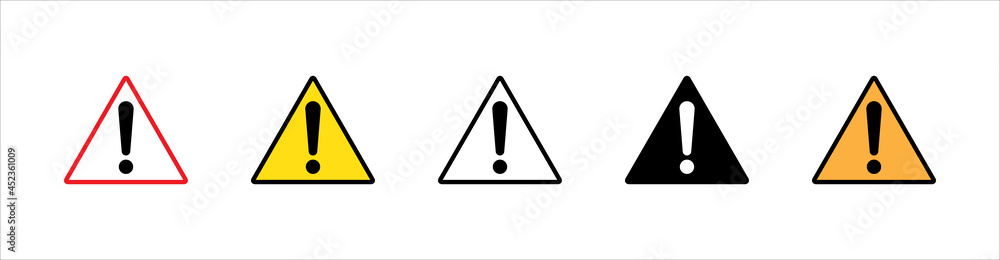 Triangle exclamation mark icon vector set. Red, black, yellow and white colors variations. Caution attention warning symbol set. Triangle exclamation mark icon vector set. Red, black, yellow and white colors variations. Caution attention warning symbol set.
