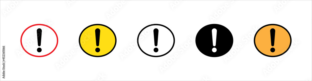 Ellipse exclamation mark icon vector set. Red, black, yellow and white colors variations. Caution attention warning symbol set. Ellipse exclamation mark icon vector set. Red, black, yellow and white colors variations. Caution attention warning symbol set.