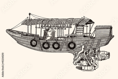 Fantastic Chinese style flying wooden boat with jet engine. Linear sketch on a beige background.