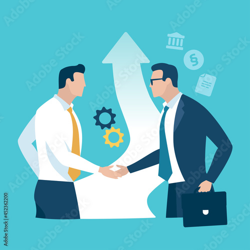 Joint venture. Collaboration. Project. Business people shaking hand in front of a rising arrow. Business vector illustration.