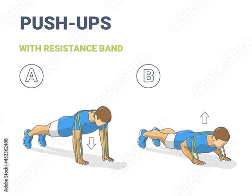 Man Doing Push Ups Home Workout Exercise with Resistance Band Guidance. Male Do Fitness Exercise.