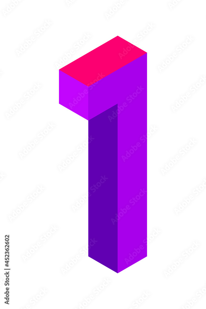 Purple number 1 in isometric style. Isolated on white background. Learning numbers, serial number, price, place. Purple number 1 in isometric style. Isolated on white background. Learning numbers, serial number, price, place.