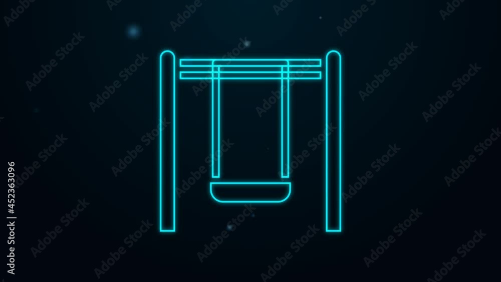 Glowing neon line Swing for kids summer games on playground icon isolated on black background. Outdoor entertainment equipment. 4K Video motion graphic animation Glowing neon line Swing for kids summer games on playground icon isolated on black background. Outdoor entertainment equipment. 4K Video motion graphic animation