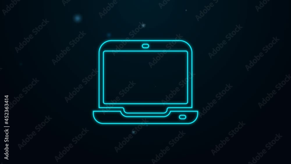 Glowing neon line Laptop icon isolated on black background. Computer notebook with empty screen sign. 4K Video motion graphic animation Glowing neon line Laptop icon isolated on black background. Computer notebook with empty screen sign. 4K Video motion graphic animation