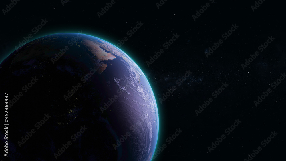 beautiful view from space of planet earth with its blue shinny atmosphere rim in cosmos science and universe concept