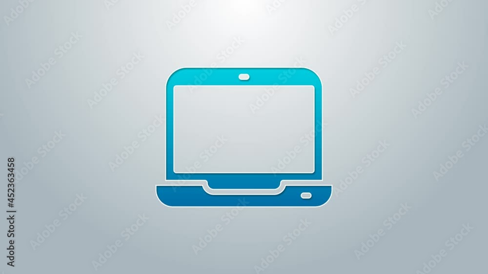 Blue line Laptop icon isolated on grey background. Computer notebook with empty screen sign. 4K Video motion graphic animation Blue line Laptop icon isolated on grey background. Computer notebook with empty screen sign. 4K Video motion graphic animation