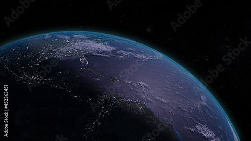 Fototapeta Naklejka Na Ścianę i Meble -  beautiful view from space of planet earth with its blue shinny atmosphere rim in cosmos science and universe concept