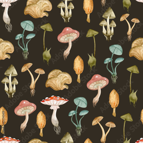 Seamless patterns with watercolor mushrooms