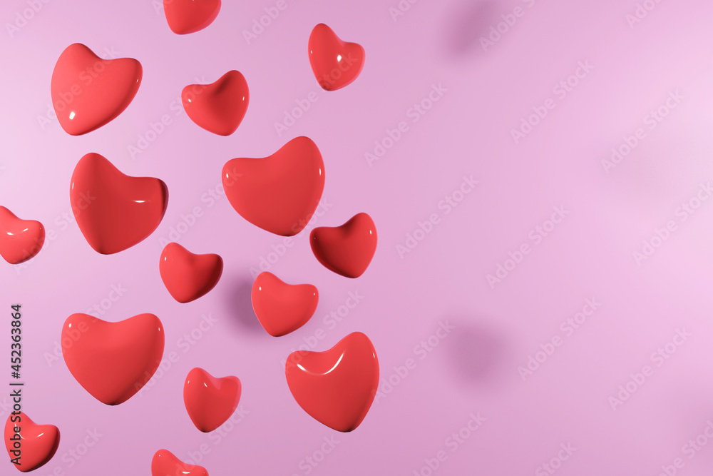 Many red hearts falling. 3d render of hearts on pink.