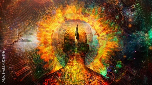 Burning aura. Man with flamed halo