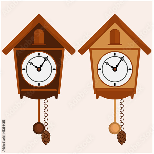 Clock set with pendulum and cuckoo. Two options, dark and light vector illustration.