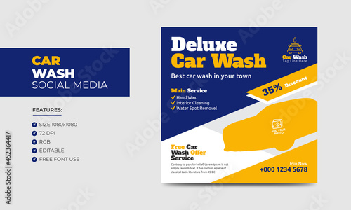 Car wash social media post banner design template. Car washing service social media ads banner
