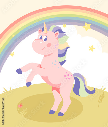 Beautiful pink unicorn. Fabulous character with multicolored mane and horn. Children card, poster, covers and wall decoration. Cartoon modern flat vector illustration with rainbow and clouds