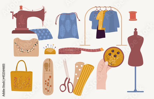 Sewing icon Collection. Set of icons of tools for embroidery, sewing machine, fabric and clothing. Handmade design elements. Cartoon minimalistic flat vector illustrations isolated on white background